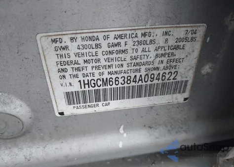 2004 Honda Accord Lx из США, поврежденный, VIN 1HGCM66384A094622